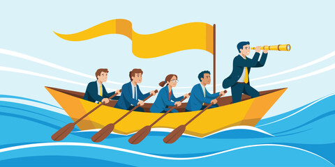 business team rowing boat with leader using telescope, concept illustration of teamwork, strategy and leadership navigating toward shared goals © Zavivec