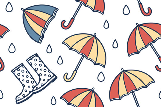 A cheerful and colorful pattern featuring open umbrellas in red yellow and blue interspersed with falling raindrops and a pair of polka dotted rain boots