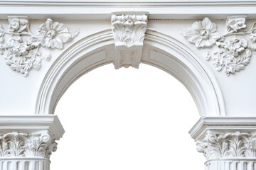 Obraz premium Intricate White Architectural Arch with Floral Ornamentation Against a Transparent Background