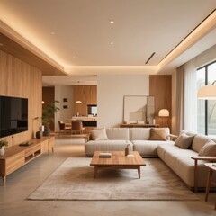 Modern Living Room with Warm Lighting and Wooden Accents