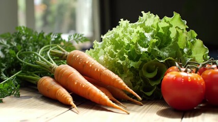 Fresh organic vegetables on a rustic wooden table a close up shot of carrots lettuce and tomatoes with water drops ready for cooking a healthy meal - Powered by Adobe