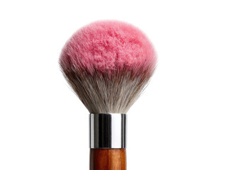 Close-up of a blush brush, pink fluffy head, metallic ferrule, wooden handle