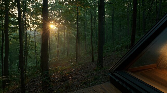 A wooden deck with a glass roof and a view of the forest.