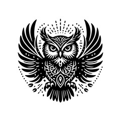 Obraz premium Black and white owl illustration with spread wings and circular design