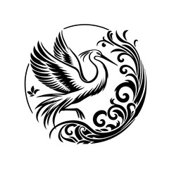 Obraz premium Crane in flight with floral elements in black and white