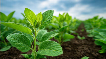 Soybean growth on a farm with green leaves in the background, illustrating sustainable agriculture and the progression of crop development, Generative AI