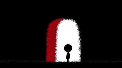 Naklejka premium Silhouette of a child with curly hair standing in front of a glowing archway with red and white colors