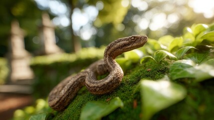 Close up of a textured snake coiled on mossy ground surrounded by lush green leaves and blurred foliage