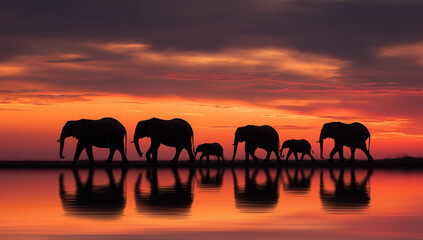 Fototapeta premium Silhouettes of elephants at sunset near water, photorealistic landscapes