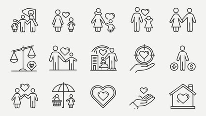 Modern thin-line vector icon set illustrating family love core values like trust, care, bonding, and unity. Clean, aligned, editable, and perfect for commercial use.

