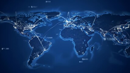 Animated digital world map showing global network connections and data transfer across continents A futuristic business and technology concept animation - Powered by Adobe