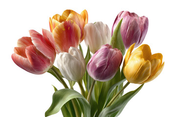 Close-up of a bouquet of tulips in various shades of pink, orange, yellow, and white.  Soft, vibrant colors.  Elegant floral arrangement