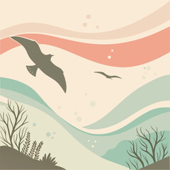 Serene coastal landscape with silhouetted seagulls soaring above rolling waves and sparse vegetation under a muted pastel sky