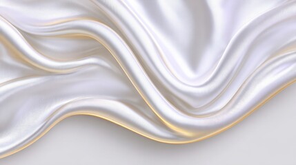 Draped white silk fabric with subtle gold highlights creating gentle waves and smooth textures