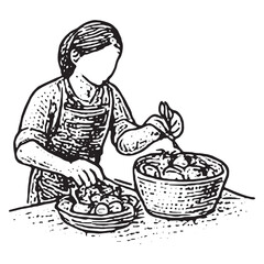 Vintage Black and White Woman Preparing Vegetables Illustration
