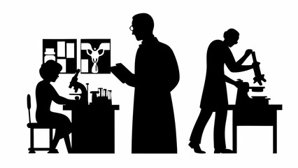 Silhouette illustration depicting scientists working in a laboratory setting with equipment and diagrams