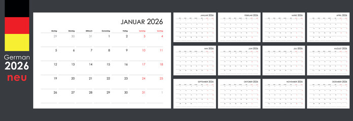 2026 wall or desk calendar template, yearly planner organizer, german version