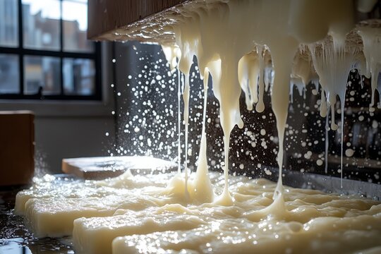 Candle Making: A close-up shot captures the intricate process of candle making, showcasing molten wax cascading onto rectangular molds, a testament to artistry and detail.
