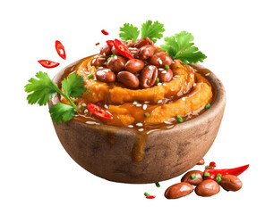 Earthy bowl of sweet potato pur?e, topped with beans, chili peppers, and herbs
