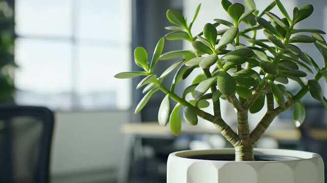 Close up of a vibrant green jade plant in a white pot sitting on a desk in a modern sunlit office creating a peaceful and productive workspace