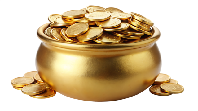 set of golden coins in gold pot isolated on white background PNG, AI GENERATED