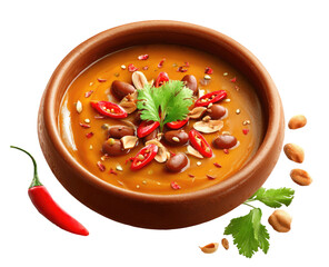 Creamy bean soup, topped with peanuts, chili, and cilantro