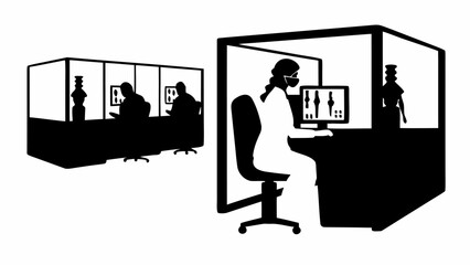 Silhouette of people working in office cubicles with computers and artifacts on display in showcases