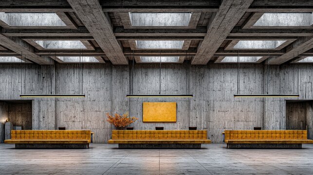 A minimalist concrete lobby features a gridded ceiling with recessed lighting, three mustard-yellow modular sofas, a matching artwork, and a polished floor