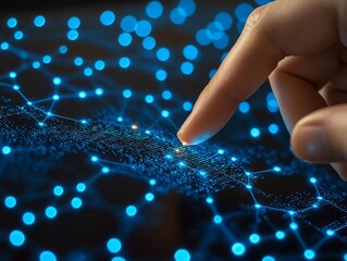 Touching the Future: An innovative technological representation of a fingertip interacting with an intricate network of interconnected glowing blue dots.