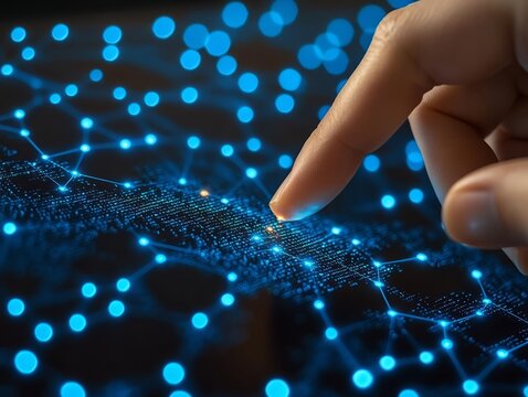 Touching the Future: An innovative technological representation of a fingertip interacting with an intricate network of interconnected glowing blue dots.