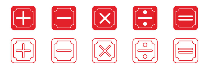 set of plus and minus symbols in circular and square shapes, positive and negative signs, vector black and white icons, geometric symbols for math.   Plus, minus, multiply, divide icon vector set 