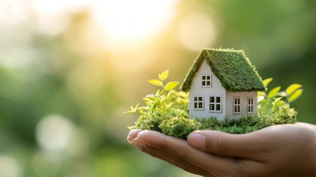 Nachhaltiges Mooshaus mit Keimpflanze auf einer Hand im Sonnenlicht. K&uuml;nstliche Intelligenz KI