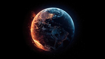 Fototapeta premium Earth, engulfed in fiery flames, with visible continents