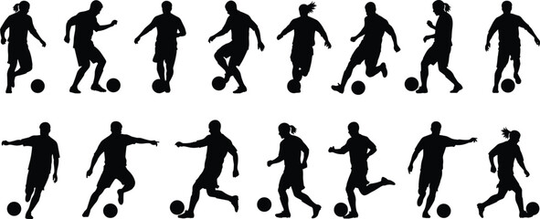 Soccer player silhouette set, CAD vector illustration of football poses, dribbling, kicking action sketches, sports motion collection graphic