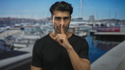 Tanned man in black tshirt holds finger to lips for silence at sunlit port dock; silence privacy...