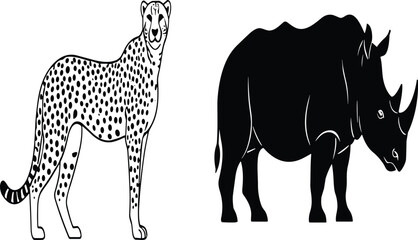 Cheetah and rhinoceros wildlife contrast, black and white silhouette vector illustration, cad style animal drawing, safari design elements