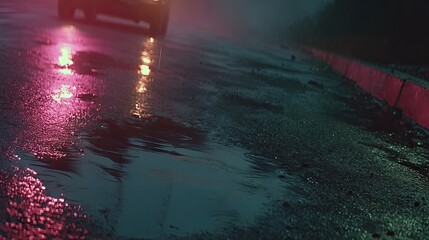 Rainy night street scene, car lights reflecting in puddles