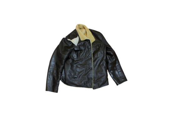 torn leather jacket isolated, torn winter leather jacket for men, jacket on white background, jacket repair