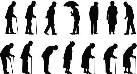 Cad drawing flat vector illustration of senior people silhouettes with walking sticks and umbrellas, ideal for lifestyle, age, health, social care