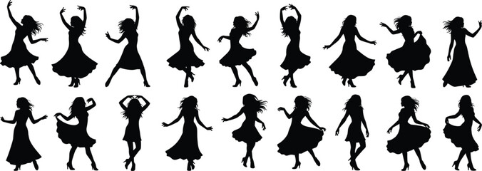 Cad drawing flat vector illustration of dancing female silhouettes, expressive movement, elegant poses, skirt flow, artistic choreography scene