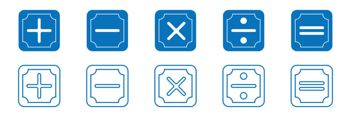 set of plus and minus symbols in circular and square shapes, positive and negative signs, vector black and white icons, geometric symbols for math.   Plus, minus, multiply, divide icon vector set 