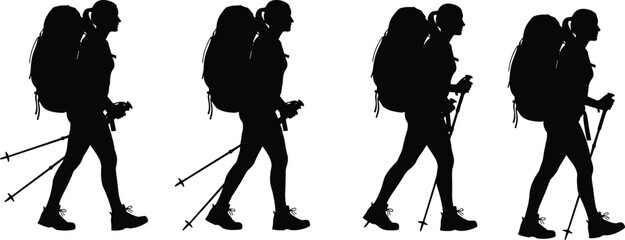Obraz premium Cad drawing flat vector illustration of hikers walking in silhouette with backpacks and trekking poles, ideal for travel, adventure, outdoor activity