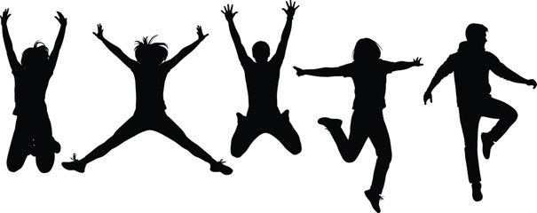 Cad drawing flat vector illustration of jumping people silhouettes in dynamic poses, ideal for energy, motion, celebration, fitness, design concepts