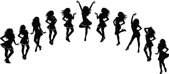 Cad drawing flat vector illustration of dancing women silhouettes in fashion poses, perfect for lifestyle, dance, elegance, design concepts