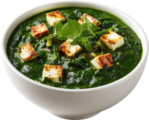Creamy spinach dish with chunks of cheese in a white bowl