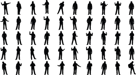 Silhouette poses of human figures in action, black and white flat vector drawing, isolated people, cad illustration, stock image design