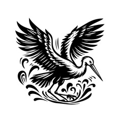 Black and white illustration of a stork landing in water