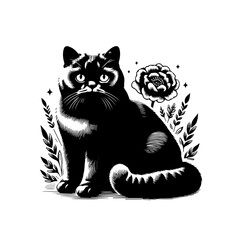 Fototapeta premium A black and white illustration of a cat with a flower