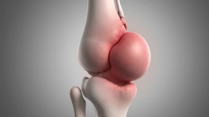 A detailed digital rendering shows a knee joint with a large swollen bursa sac