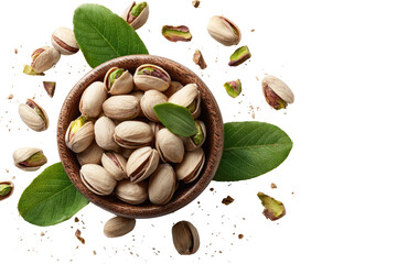 Pistachios in a wooden bowl, surrounded by scattered pistachios and leaves